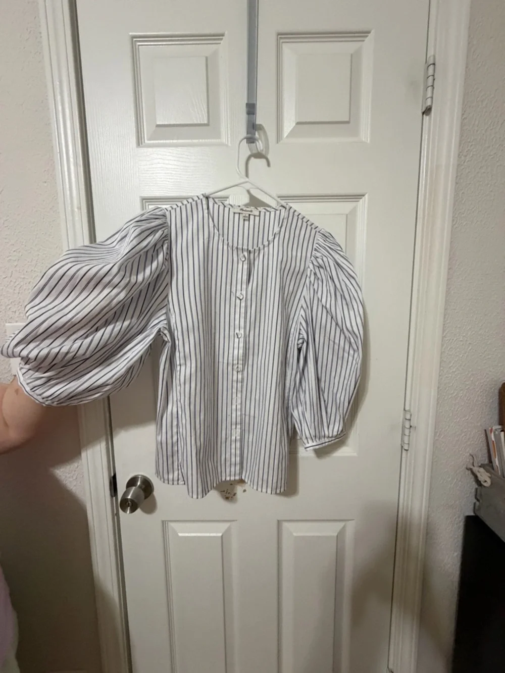 Madewell white navy striped blouse puff sleeves size 2, Academia Office Career